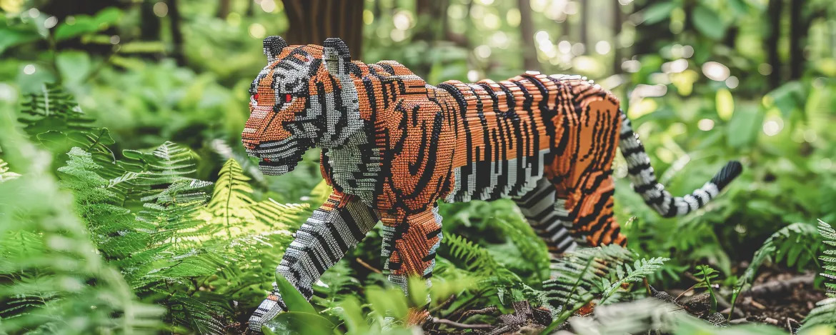 A tiger model toy made out of orange, black, and white Lego bricks walking through a dense green forest.